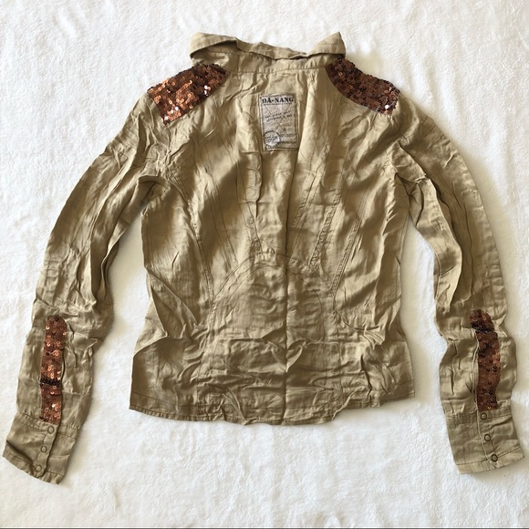 Da-Nang Brown Silk Sequin Long Sleeve Button Up - Picture 6 of 11